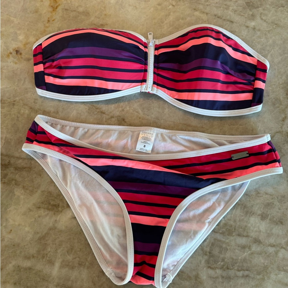 Striped Bandeau Bikini Set in Pink & Navy